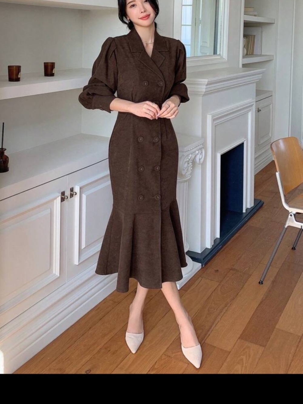 Elegant Brown Double-Breasted Midi Dress